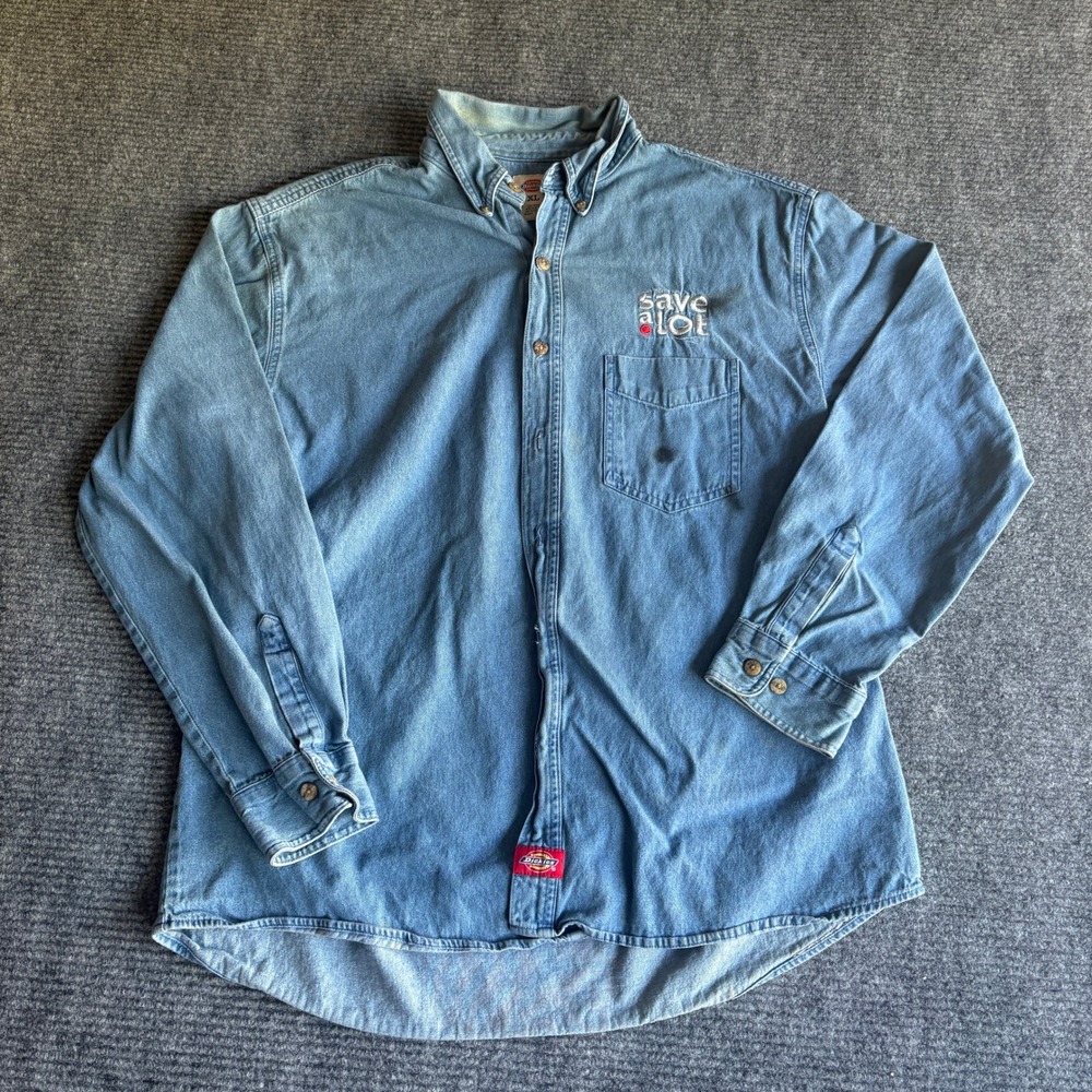Dickies Mens XL Blue Denim Button Down Shirt Save A Lot Embroidered Workwear